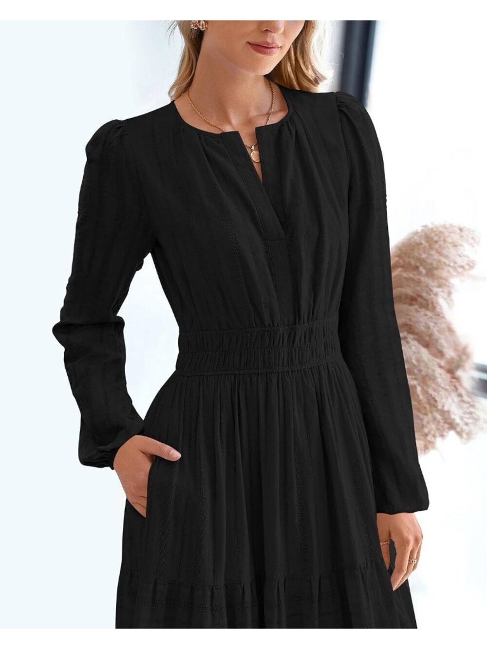 Women's Black V Neck Elastic Waist Long Sleeve Cocktail Bodycon Maxi Dress - Picture 6 of 6